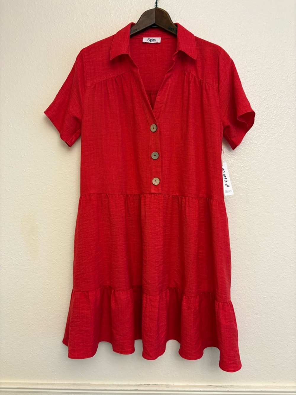 Spin Red Collared Button Shirt Dress Ruffle Short Sleeve Woven L